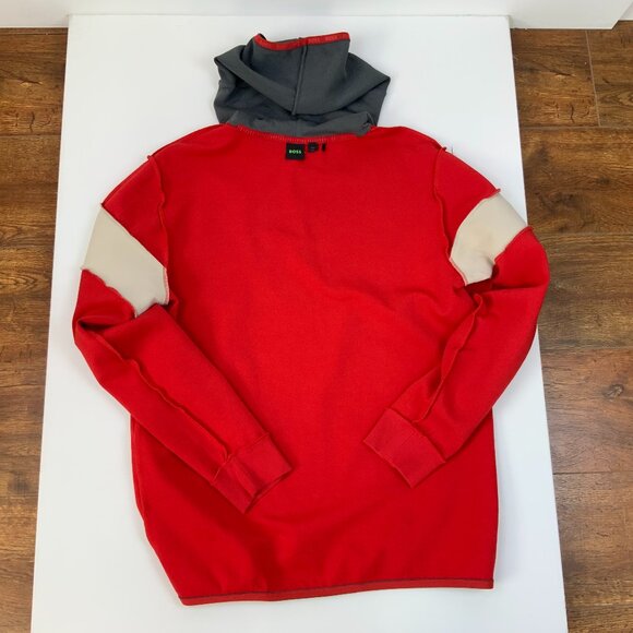 New Hugo Boss Red Hoodie With Gray Hood "BOSS" Logo Sz XL - Picture 15 of 16